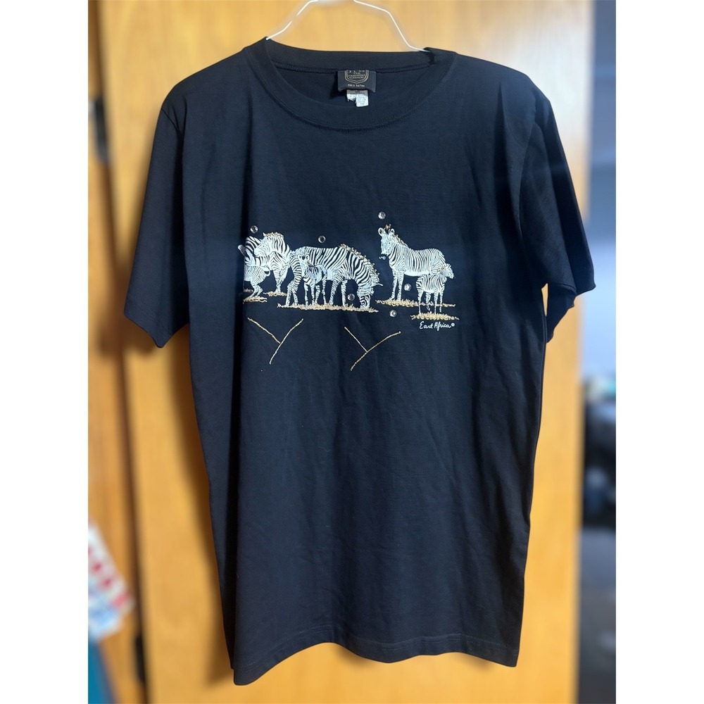 East Africa Zebra Graphic Rhinestone Black T-Shirt Womens Animal Tee